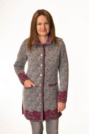Pezzo D'oro Pezzo D&#039;oro Damenstrickmantel,Grautöne mit dunkelpinken Akzenten, nachhaltig produziert,made in Bayern, Merinowolle JETZT KAUFEN