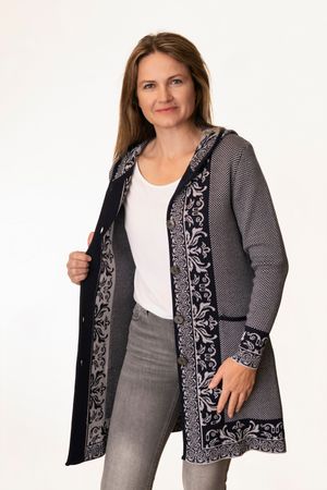 Pezzo D'oro Art en Laine Strickmantel,Gehrock mit Kapuze,Merinowolle,made in Bayern,marine/grau Vierteljährliche Förderung
