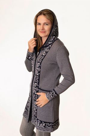 Pezzo D'oro Art en Laine Strickmantel,Gehrock mit Kapuze,Merinowolle,made in Bayern,marine/grau Vierteljährliche Förderung