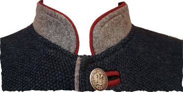 Pezzo D'oro Herren Trachtenstrickjacke blaumelange mit grauem Loden abesetzt, roter Paspel Heißer Verkauf