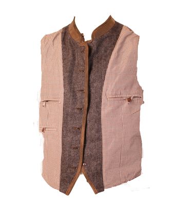 Pezzo D'oro Herren Trachtenweste Tweed hellgrau/dunkelgrau Lederkragen/Paspel, Karofutter Top Angebot
