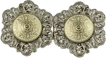 Pezzo D'oro Schürzenschließe, Dirndlschließe, altsilber mit altgold/weiß Sonderangebot der Fabrik
