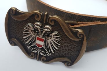 Pezzo D'oro Trachtengürtel Österreichwappen, handgefertigt in Bayern, Antikleder dunkelbraun Outlet