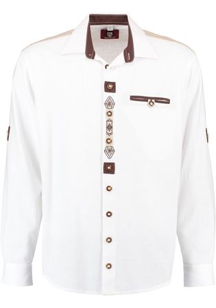 Pezzo D'oro Trachtenhemd Herren, weiß mit traditioneller Stickerei, Leinenoptik, Pattentasche, Leinenbesatz, Langarm Hotsell