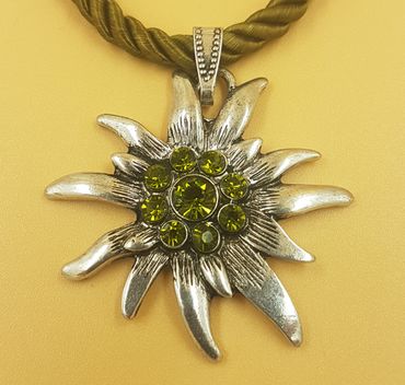 Pezzo D'oro Trachtenkette Edelweiß altsilber,grünes Kordelband und Glitzersteine Schlussverkauf