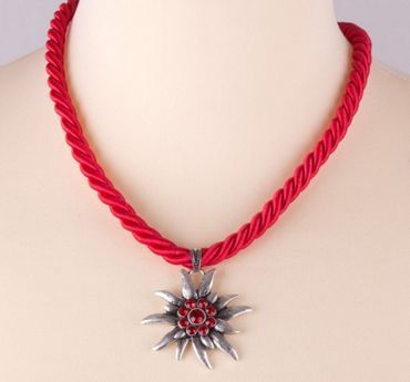 Pezzo D'oro Trachtenkette Kordelband rot ,Edelweißanhänger altsilber, rote Straßsteine Günstiger Verkauf