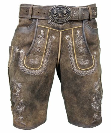Pezzo D'oro Trachtenlederhose kurz, mit Gürtel Bayernwappen, antikfarben braun Wildbock Fabrik Onlineshop