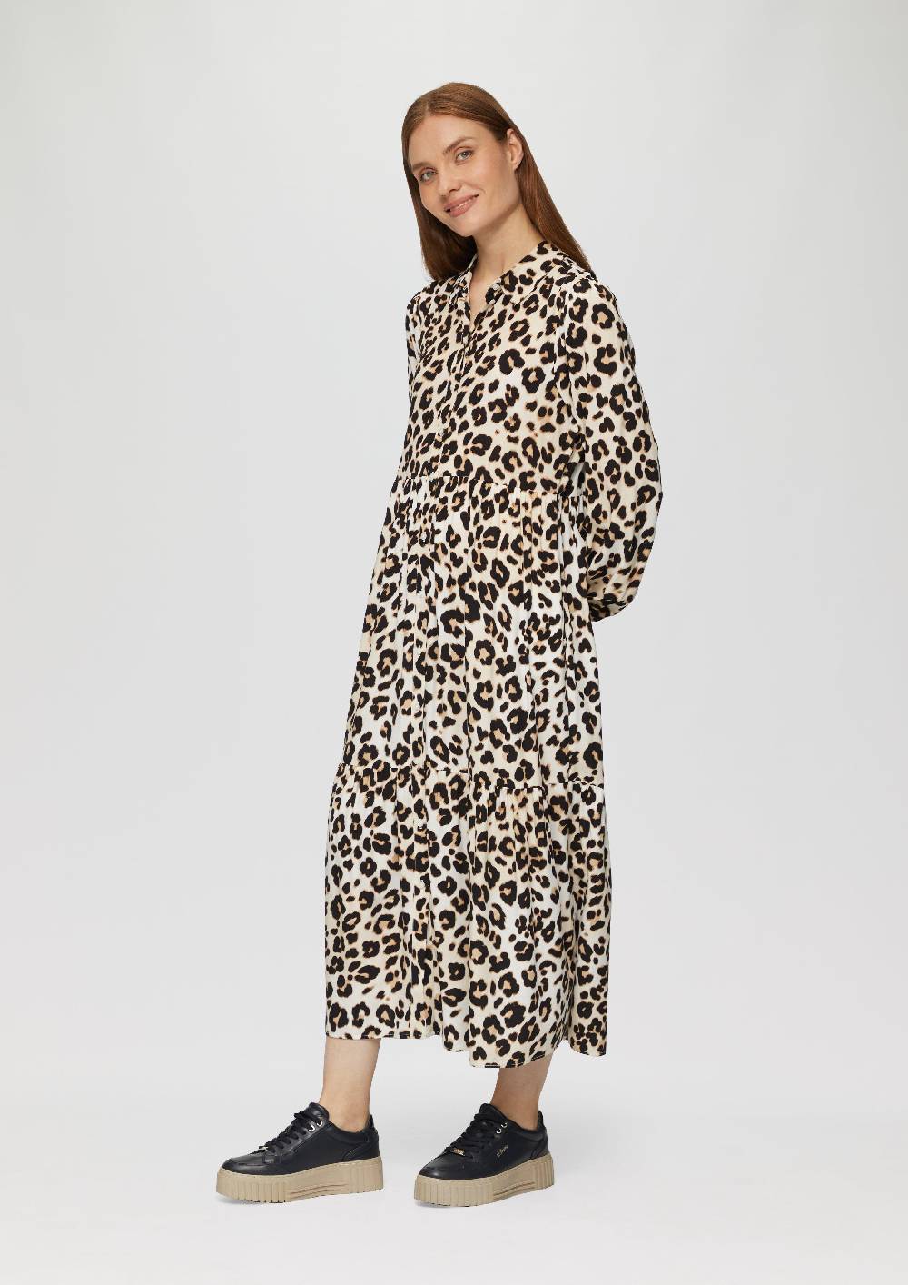 s.Oliver Langes Viskosekleid mit Leo-Muster und Volants Kostenloser Versand international