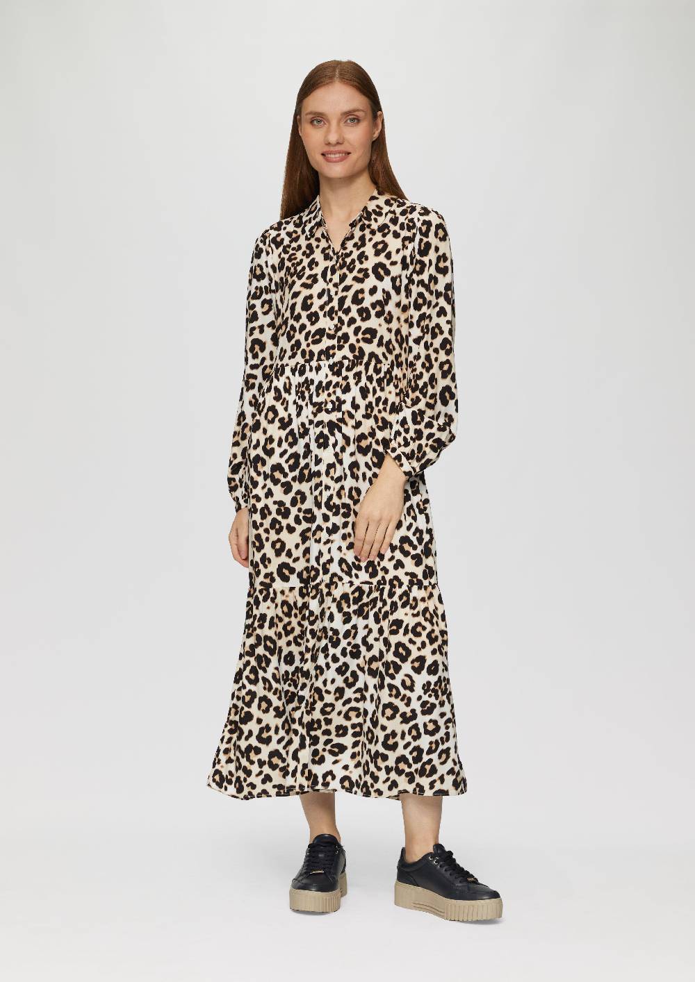 s.Oliver Langes Viskosekleid mit Leo-Muster und Volants Kostenloser Versand international