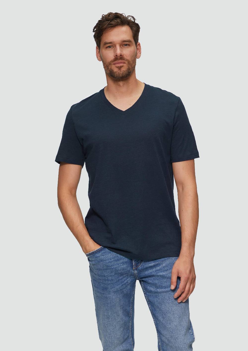 s.Oliver Baumwollshirt mit V-Ausschnitt und Flammgarnstruktur Blitzangebot