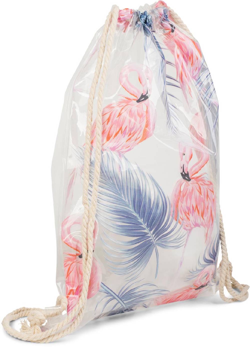 Stylebreaker Transparenter Turnbeutel mit Flamingo und Palmen Im Verkauf