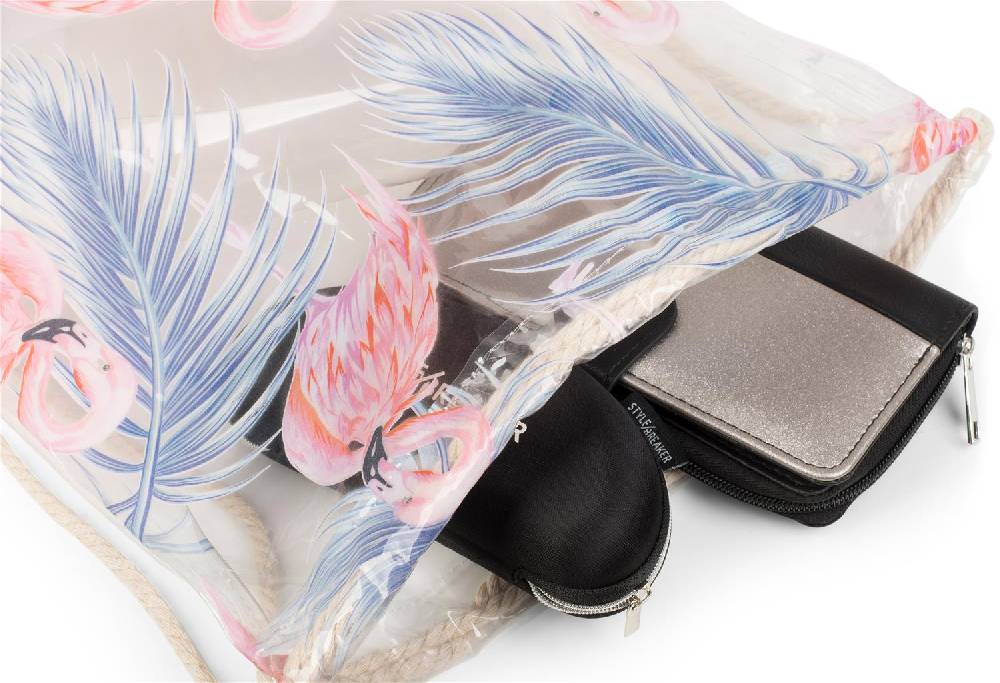 Stylebreaker Transparenter Turnbeutel mit Flamingo und Palmen Im Verkauf