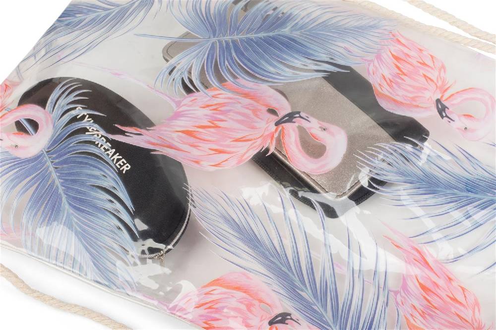 Stylebreaker Transparenter Turnbeutel mit Flamingo und Palmen Im Verkauf