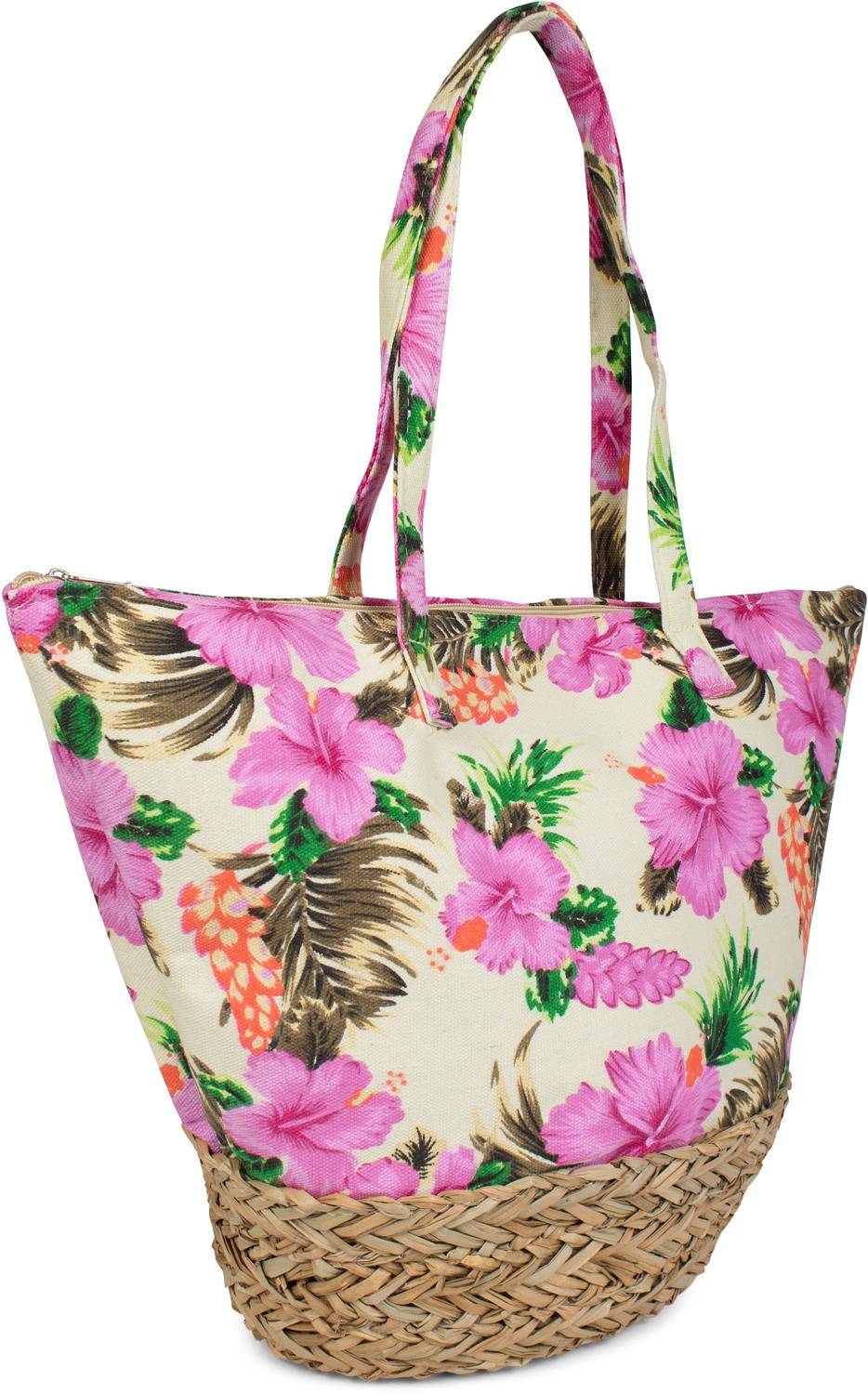 Stylebreaker Strandtasche mit Hibiskus und Bast Fabrikverkauf