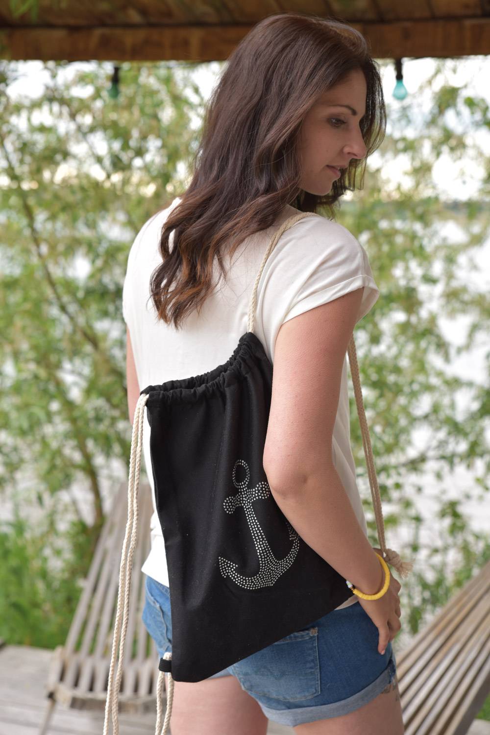 Stylebreaker Turnbeutel mit Strass Anker Black Friday
