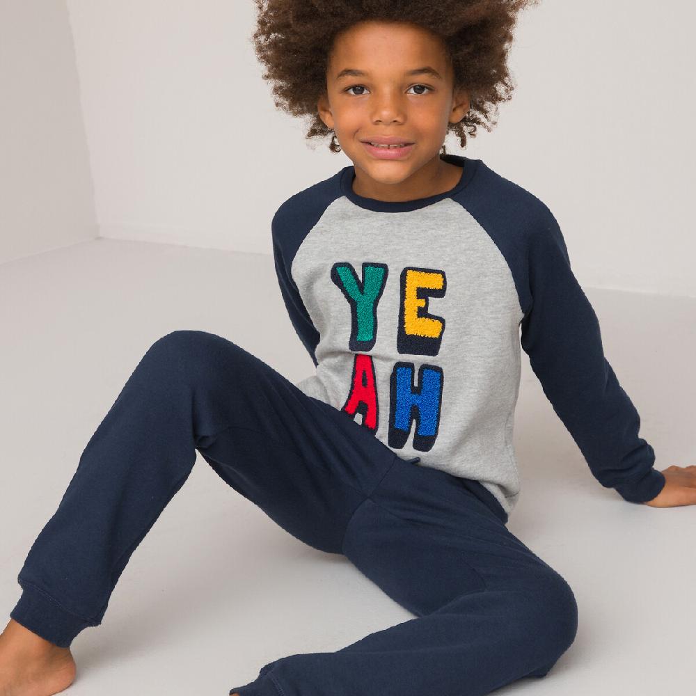 laredoute Pyjama aus Sweatware mit gestickter Frotteeschrift blau/grau LA REDOUTE COLLECTIONS Super Rabatt