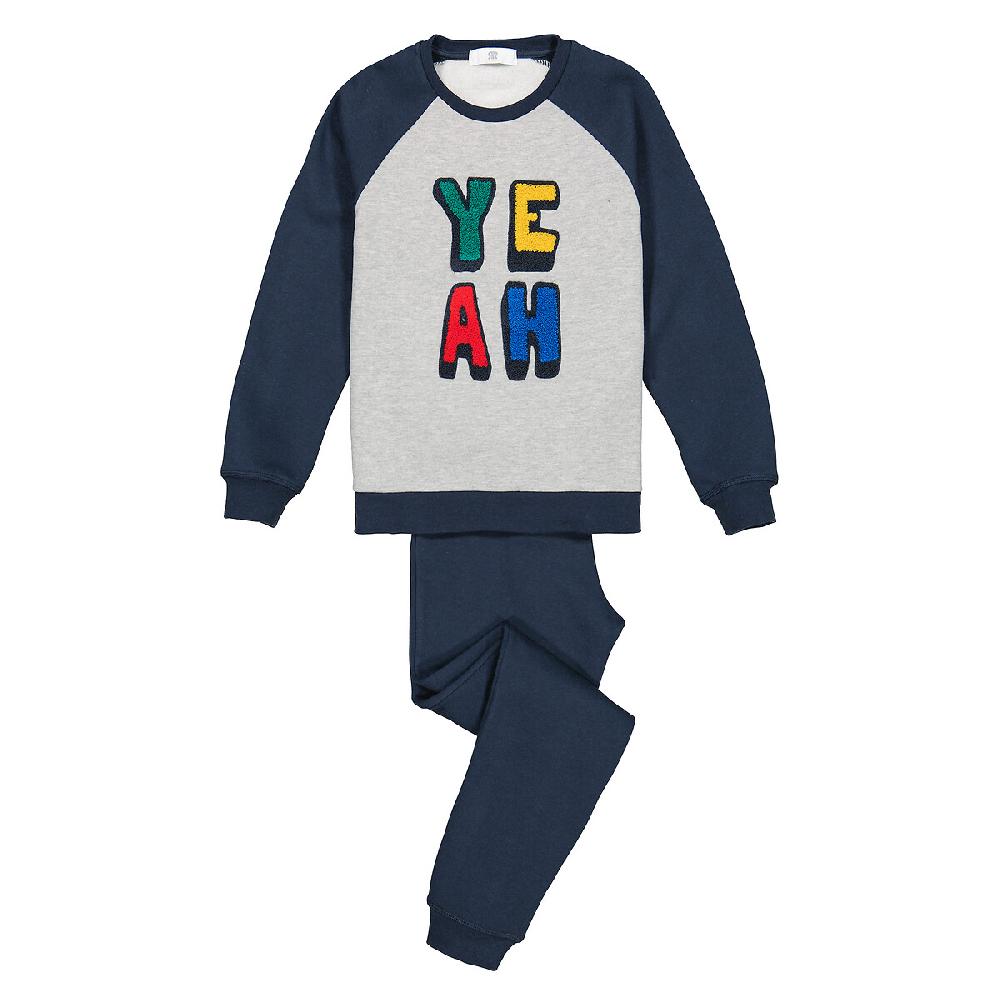 laredoute Pyjama aus Sweatware mit gestickter Frotteeschrift blau/grau LA REDOUTE COLLECTIONS Super Rabatt