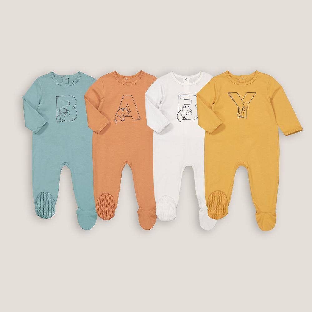 laredoute 4er-Pack Strampler mit Fuss Buchstabenmotiv blau + braun + ecru LA REDOUTE COLLECTIONS Online Outlet
